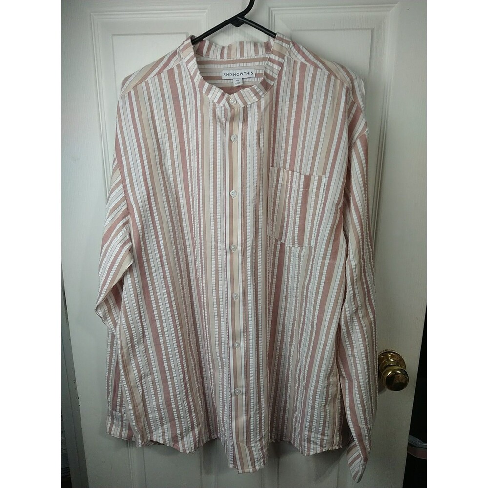 AND Now This Woman XXL Button Shirt Brown White Barcode Striped LS Tunic Pocket